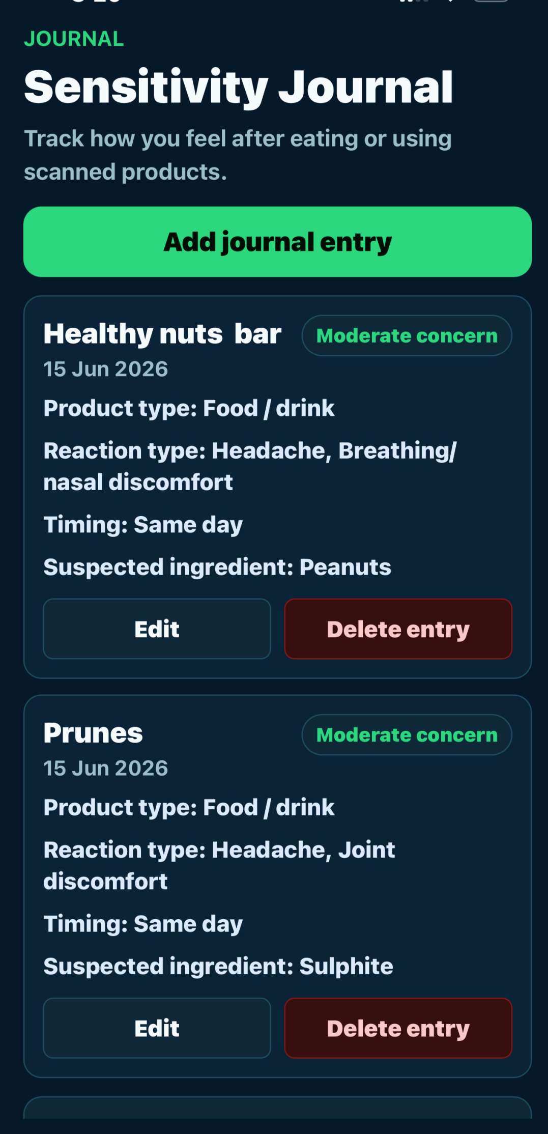 PuraLens sensitivity journal screen
